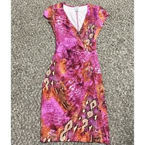 VTG Y2K Cache Bodycon Dress Stretch Ruched Size S Pink Animal Prints 90s Sexy